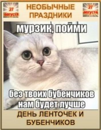 27 августа НЕОБЫЧНЫЕ ПРАЗДНИКИ 27 августа Мурзик, пойми без твоих бубенчиков нам будет лучше ДЕНЬ ЛЕНТОЧЕК И БУБЕНЧИКОВ
