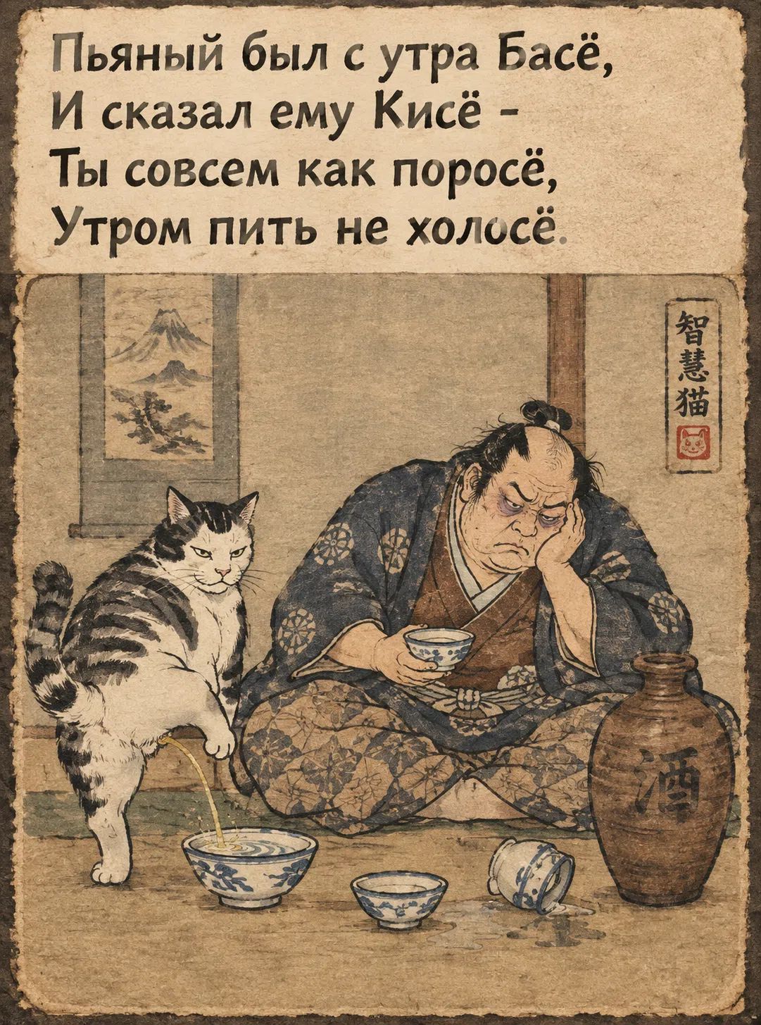 Пьяный был с утра Басё, И сказал ему Кисё - Ты совсем как поросё, Утром пить не холосё.