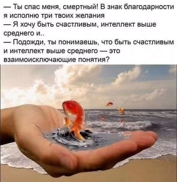 Ты спас меня, смертный! В знак благодарности я исполню три твоих желания — Я хочу быть счастливым, интеллект выше среднего и.. — Подожди, ты понимаешь, что быть счастливым и интеллект выше среднего — это взаимоисключающие понятия?