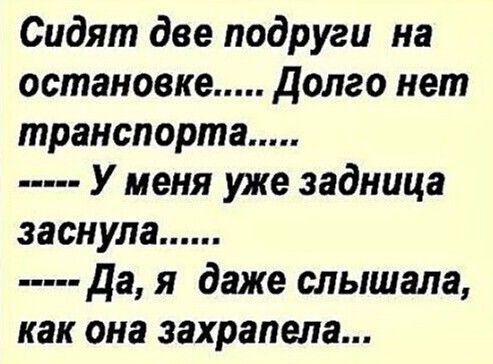 Сидят две подруги на остановке..... Долго нет транспорта..... ----- У меня уже задница заснула..... ----- Да, я даже слышала, как она захрапела...