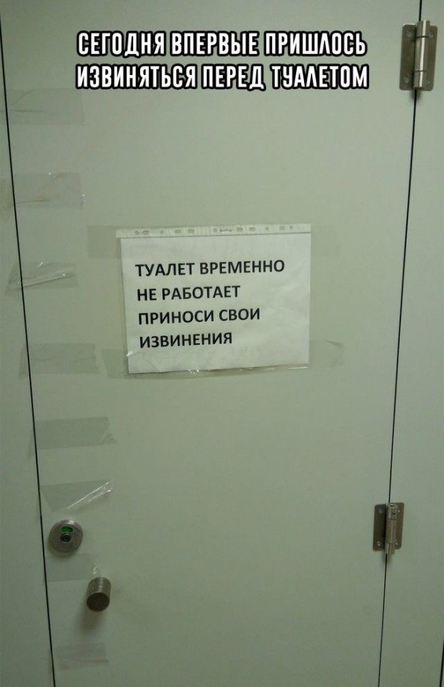 СЕГОДНЯ ВПЕРВЫЕ ПРИШЛОСЬ ИЗВИНЯТЬСЯ ПЕРЕД ТУАЛЕТОМ. ТУАЛЕТ ВРЕМЕННО НЕ РАБОТАЕТ ПРИНОСИ СВОИ ИЗВИНЕНИЯ
