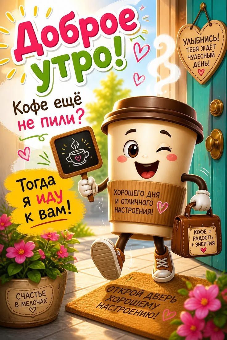 Доброе утро! Кофе ещё не пили? Тогда я иду к вам! Улыбнись! Тебя ждёт чудесный день! Хорошего дня и отличного настроения! Кофе = радость + энергия. Счастье в мелочах. Открой дверь хорошему настроению!