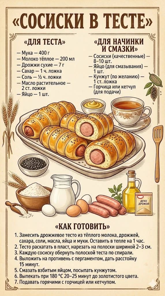 «СОСИСКИ В ТЕСТЕ» «ДЛЯ ТЕСТА» Мука – 400 г Молоко тёплое – 200 мл Дрожжи сухие – 7 г Сахар – 1 ч. ложка Соль – ½ ч. ложки Масло растительное – 2 ст. ложки Яйцо – 1 шт. «ДЛЯ НАЧИНКИ И СМАЗКИ» Сосиски (качественные) – 8–10 шт. Яйцо (для смазывания) – 1 шт. Кунжут (по желанию) – 1 ст. ложка Горчица или кетчуп (для подачи) «КАК ГОТОВИТЬ» 1. Замесить