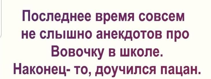 Последнее время совсем не слышно анекдотов про Вовочку в школе. Наконец-то, доучился пацан.