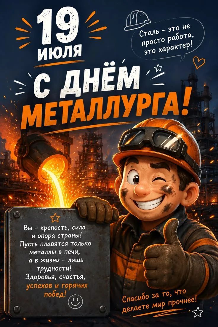 19 июля С днём металлурга! Сталь – это не просто работа, это характер! Вы – крепость, сила и опора страны! Пусть плавятся только металлы в печи, а в жизни – лишь трудности! Здоровья, счастья, успехов и горячих побед! Спасибо за то, что делаете мир прочнее!