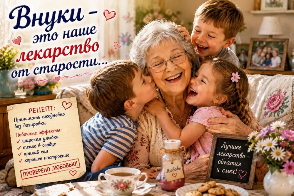 Внуки — это наше лекарство от старости... РЕЦЕПТ: Принимать ежедневно без дозировки Побочные эффекты: широкая улыбка тепло в сердце прилив сил хорошее настроение ПРОВЕРЕНО ЛЮБОВЬЮ! Любовь Лучшее лекарство — объятия и смех!
