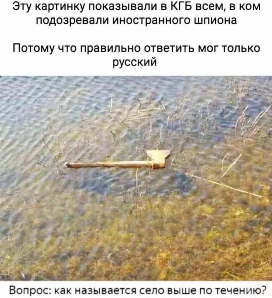 Эту картинку показывали в КГБ всем, в ком подозревали иностранного шпиона. Потому что правильно ответить мог только русский. Вопрос: как называется село выше по течению?