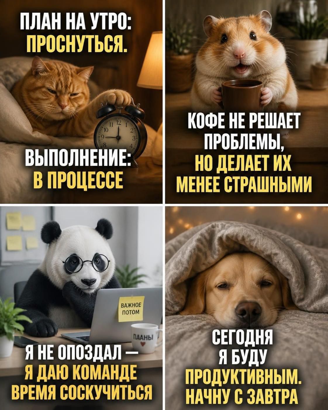 План на утро: проснуться. Выполнение: в процессе. Кофе не решает проблемы, но делает их менее страшными. Я не опоздал — я даю команде время соскучиться. Сегодня я буду продуктивным. Начну с завтра