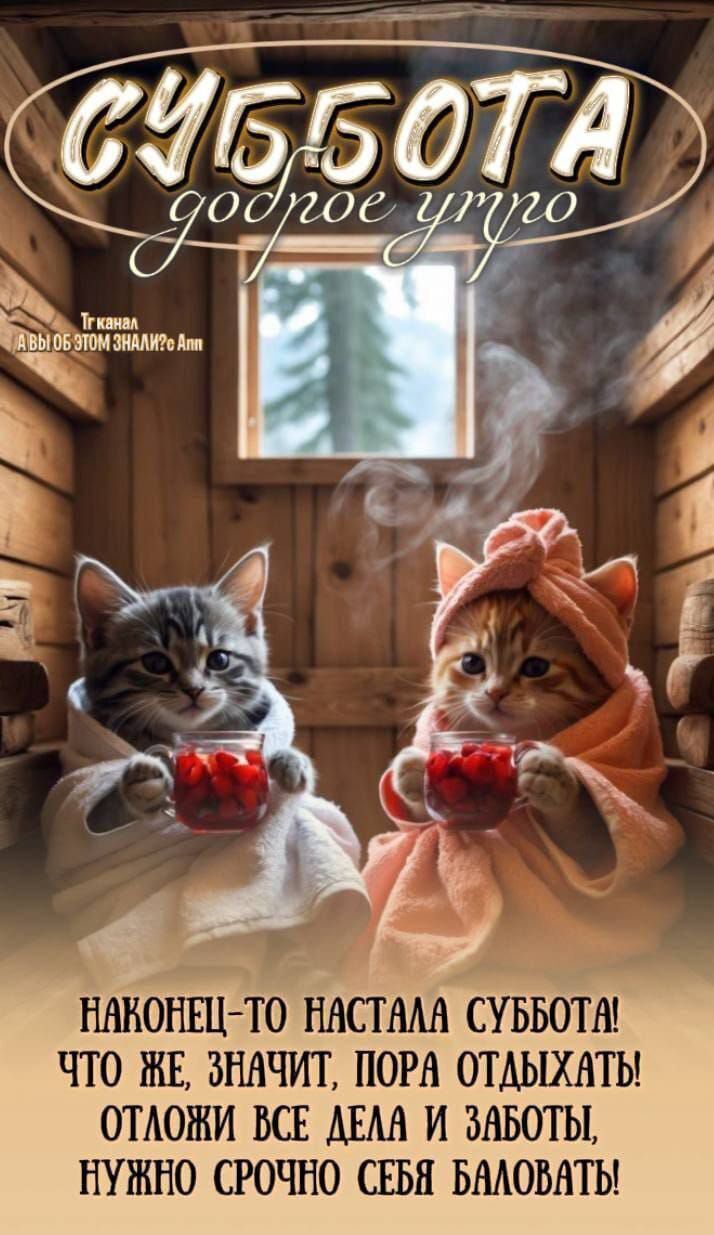 СУББОТА доброе утро Тг канал А вы об этом знали? Апп НАКОНЕЦ-ТО НАСТАЛА СУББОТА! ЧТО ЖЕ, ЗНАЧИТ, ПОРА ОТДЫХАТЬ! ОТЛОЖИ ВСЕ ДЕЛА И ЗАБОТЫ, НУЖНО СРОЧНО СЕБЯ БАЛОВАТЬ!
