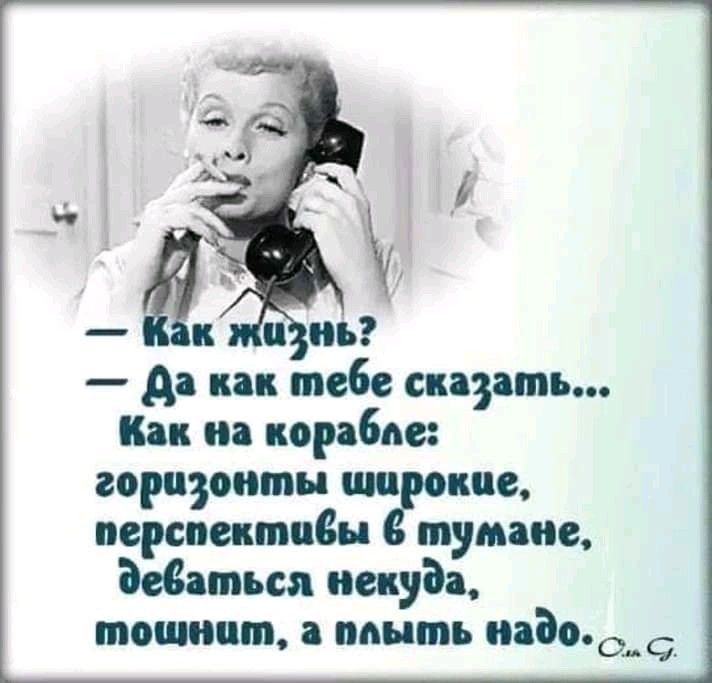 Как жизнь? Да как тебе сказать... Как на корабле: горизонты широкие, перспективы в тумане, деваться некуда, тошнит, а плыть надо.