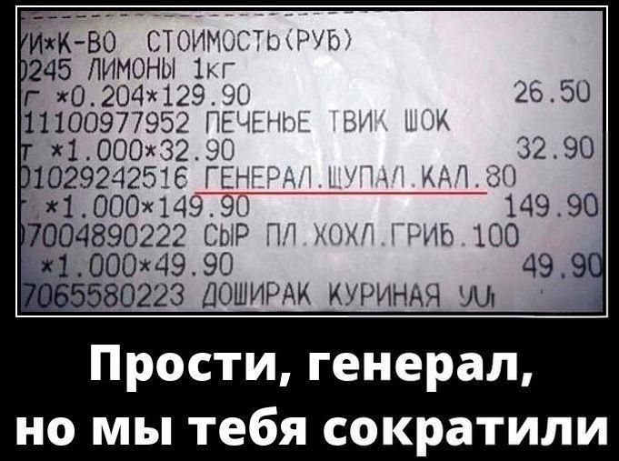 ЛИМОНЫ 1КГ ПЕЧЕНЬЕ ТВИК ШОК ГЕНЕРАЛ.ШУПАЛ.КАЛ.80 СЫР ПЛ.ХОХЛ.ГРИБ.100 ДОШИРАК КУРИНАЯ УЛ Прости, генерал, но мы тебя сократили