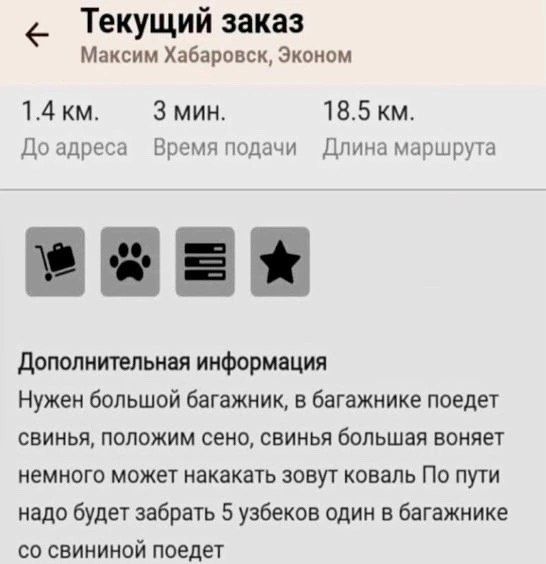 Текущий заказ Максим Хабаровск, Эконом 1.4 км. До адреса 3 мин. Время подачи 18.5 км. Длина маршрута Дополнительная информация Нужен большой багажник, в багажнике поедет свинья, положим сено, свинья большая воняет немного может накакать зовут коваль По пути надо будет забрать 5 узбеков один в багажнике со свининой поедет