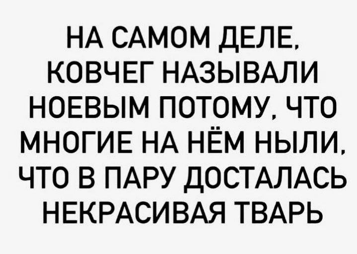 НА САМОМ ДЕЛЕ, КОВЧЕГ НАЗЫВАЛИ НОЕВЫМ ПОТОМУ, ЧТО МНОГИЕ НА НЁМ НЫЛИ, ЧТО В ПАРУ ДОСТАЛАСЬ НЕКРАСИВАЯ ТВАРЬ