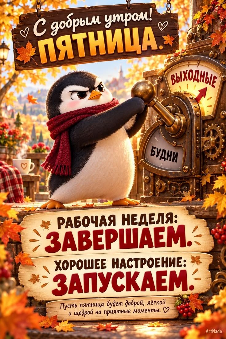 С добрым утром! Пятница. Выходные, Будни. Рабочая неделя: завершаем. Хорошее настроение: запускаем. Пусть пятница будет доброй, лёгкой и щедрой на приятные моменты.