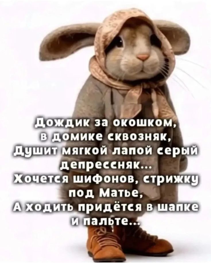 Дождик за окошком, В домике сквозняк, Душит мягкой лапой серый Депрессняк... Хочется шифонов, стрижку Под Матье, А ходить придётся в шапке И пальте...