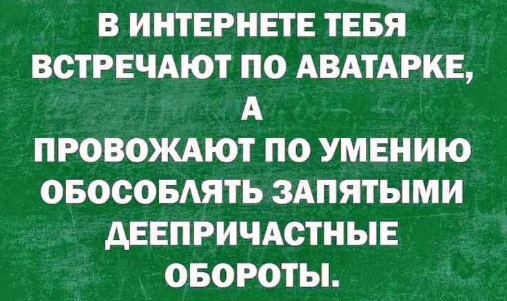 В интернете тебя встречают по аватарке, а провожают по умению обособлять запятыми деепричастные обороты.
