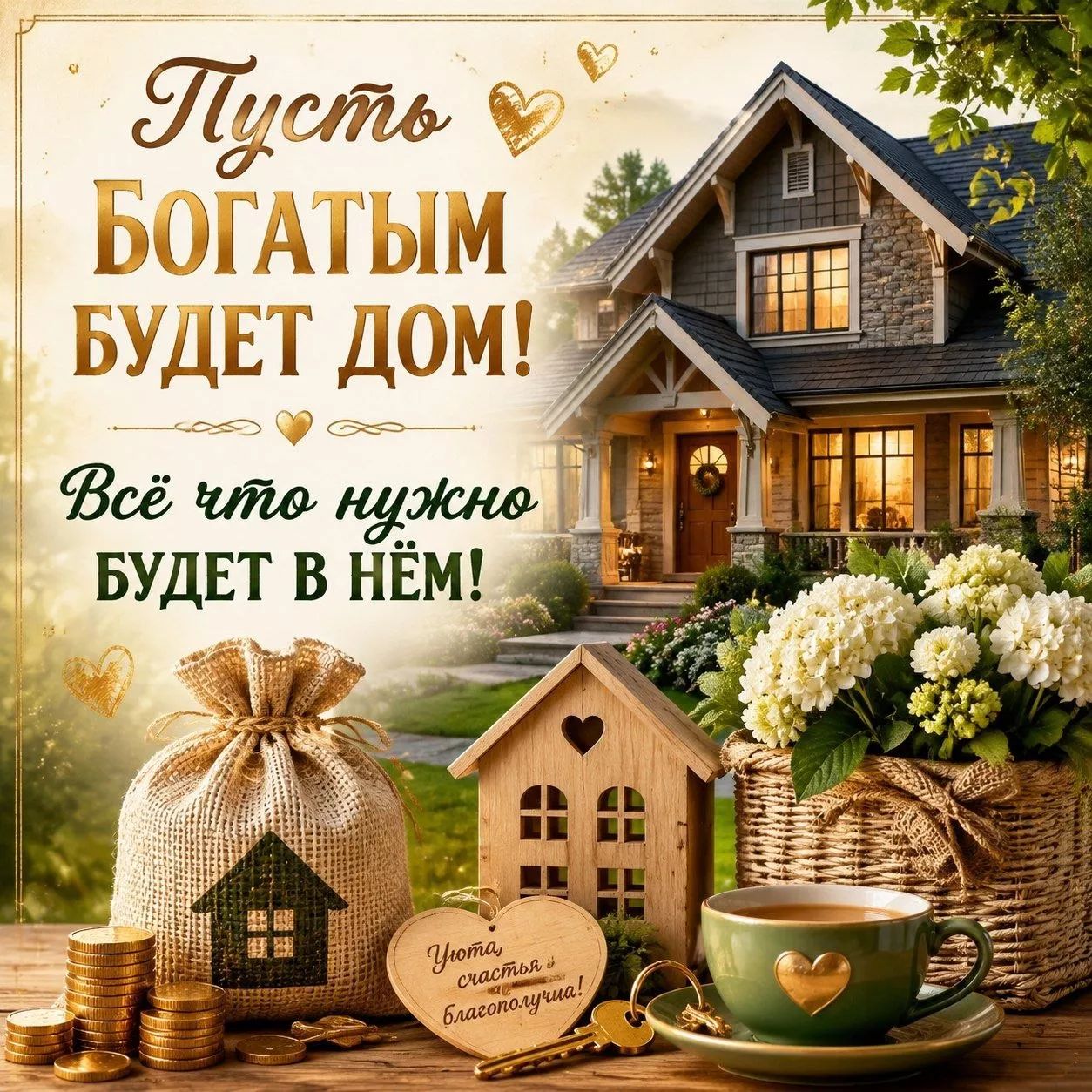 Пусть богатым будет дом! Всё что нужно будет в нём! Уюта, счастья и благополучия!