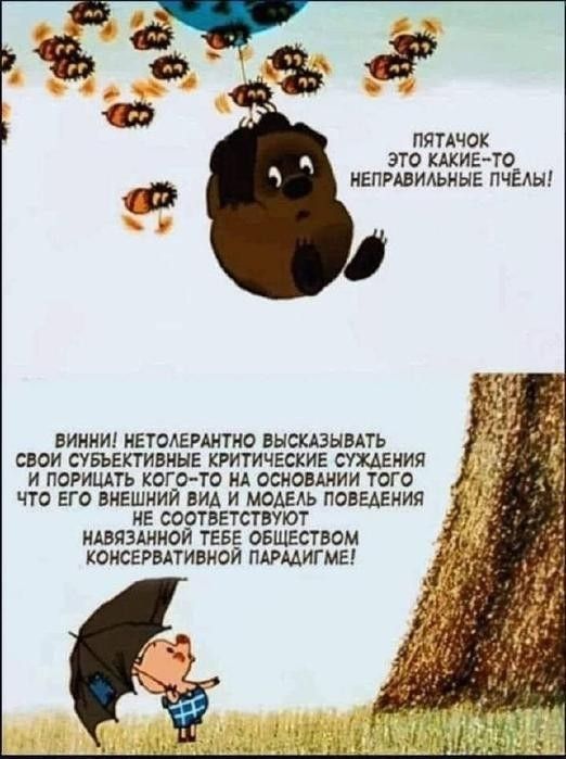 Пятачок, это какие-то неправильные пчёлы! Винни! Нетолерантно высказывать свои субъективные критические суждения и порицать кого-то на основании того, что его внешний вид и модель поведения не соответствуют навязанной тебе обществом консервативной парадигме!