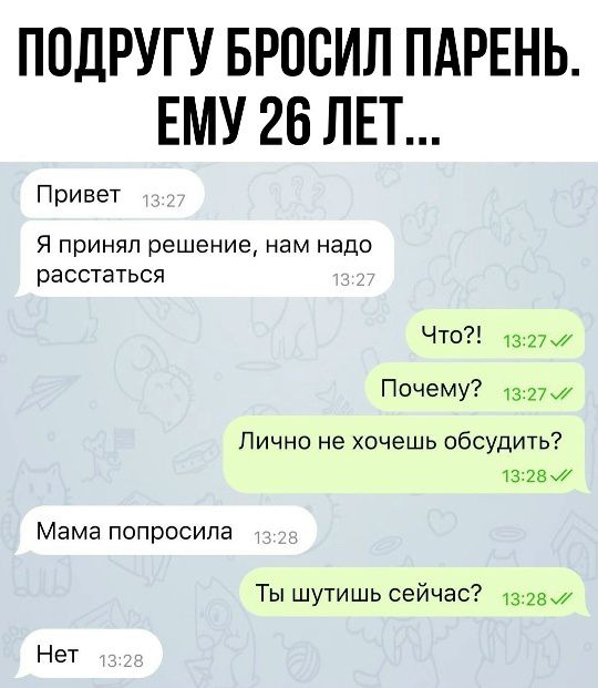 ПОДРУГУ БРОСИЛ ПАРЕНЬ. ЕМУ 26 ЛЕТ... Привет Я принял решение, нам надо расстаться Что?! Почему? Лично не хочешь обсудить? Мама попросила Ты шутишь сейчас? Нет