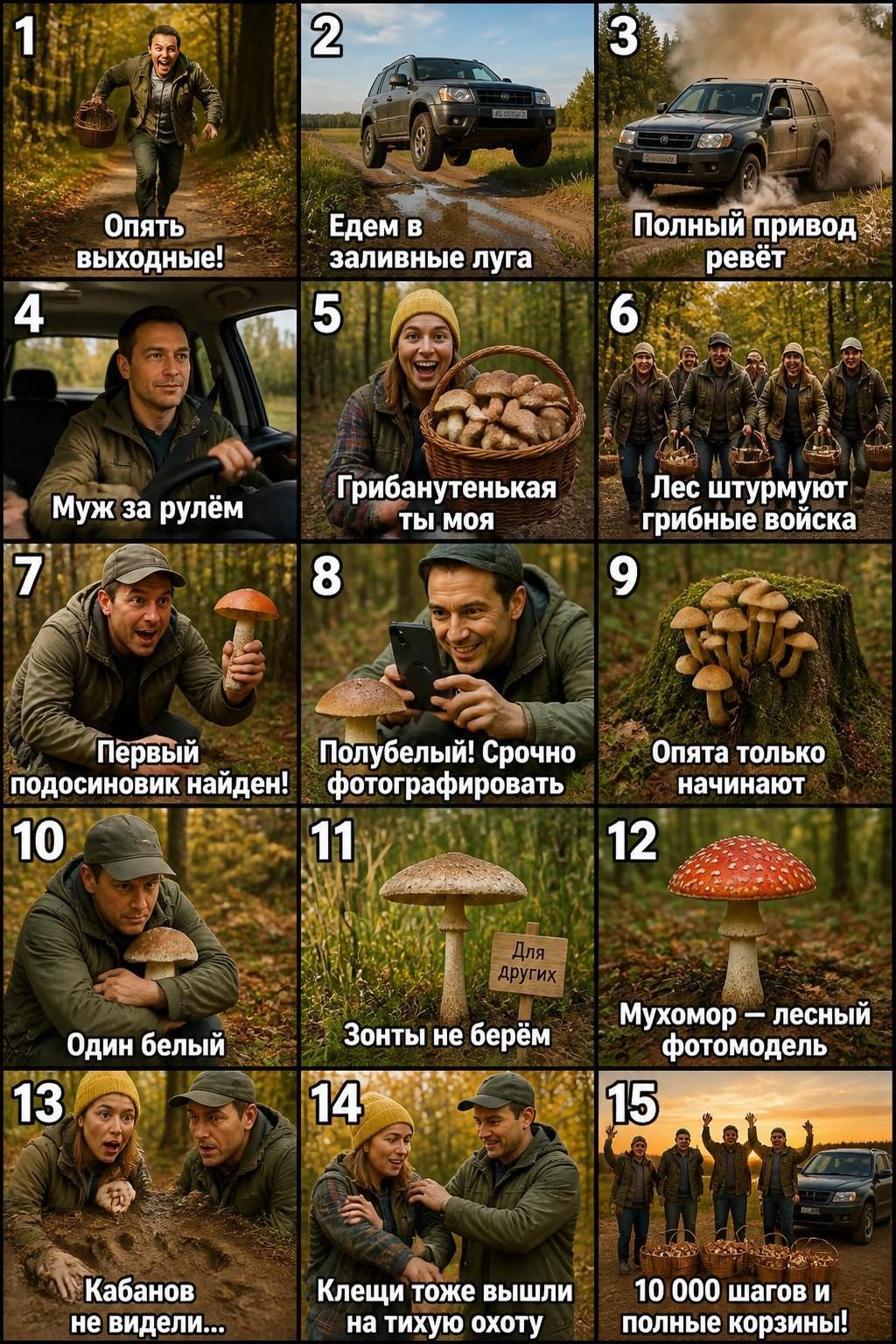 1 Опять выходные! 2 Едем в заливные луга 3 Полный привод ревёт 4 Муж за рулём 5 Грибанутенькая ты моя 6 Лес штурмуют грибные войска 7 Первый подосиновик найден! 8 Полубелый! Срочно фотографировать 9 Опята только начинают 10 Один белый 11 Зонты не берём Для других 12 Мухомор — лесной фотомодель 13 Кабанов не видели... 14 Клещи тоже вышли на тихую