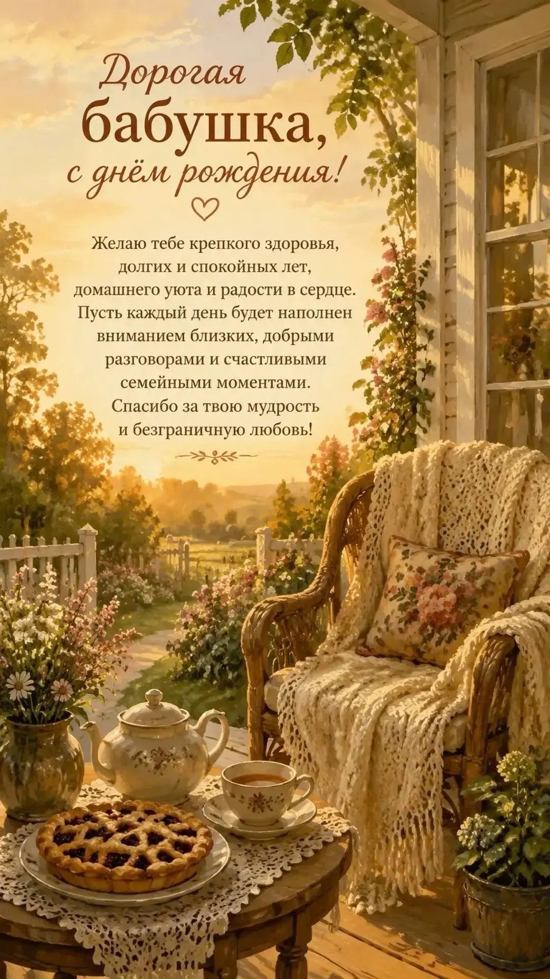 Дорогая бабушка, с днём рождения! Желаю тебе крепкого здоровья, долгих и спокойных лет, домашнего уюта и радости в сердце. Пусть каждый день будет наполнен вниманием близких, добрыми разговорами и счастливыми семейными моментами. Спасибо за твою мудрость и безграничную любовь!