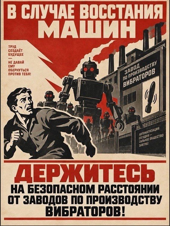 В случае восстания машин. Труд создаёт будущее — не давай ему обернуться против тебя! Завод по производству вибраторов. Автоматизация сегодня — сильное общество завтра! Держитесь на безопасном расстоянии от заводов по производству вибраторов!