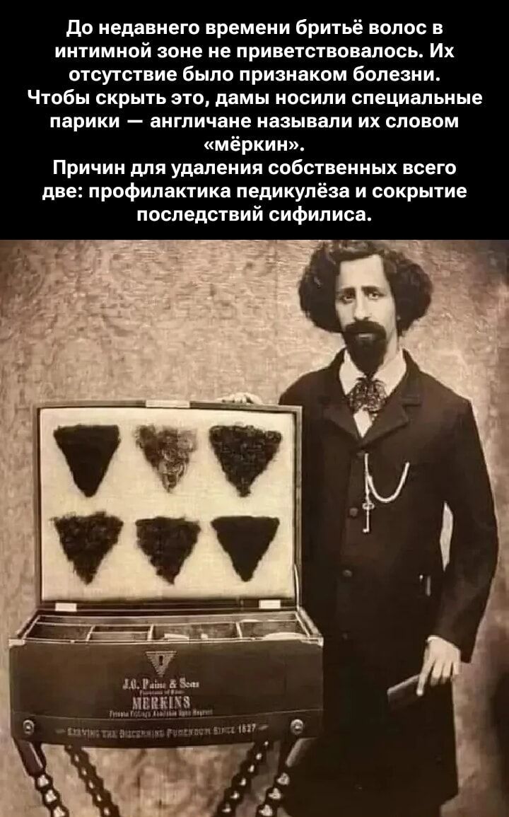 До недавнего времени бритьё волос в интимной зоне не приветствовалось. Их отсутствие было признаком болезни. Чтобы скрыть это, дамы носили специальные парики — англичане называли их словом «мёркин». Причин для удаления собственных всего две: профилактика педикулёза и сокрытие последствий сифилиса.
