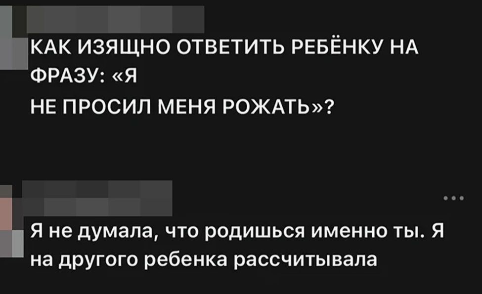 КАК ИЗЯЩНО ОТВЕТИТЬ РЕБЁНКУ НА ФРАЗУ: «Я НЕ ПРОСИЛ МЕНЯ РОЖАТЬ»? Я не думала, что родишься именно ты. Я на другого ребенка рассчитывала