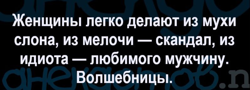 Женщины легко делают из мухи слона, из мелочи — скандал, из идиота — любимого мужчину. Волшебницы.