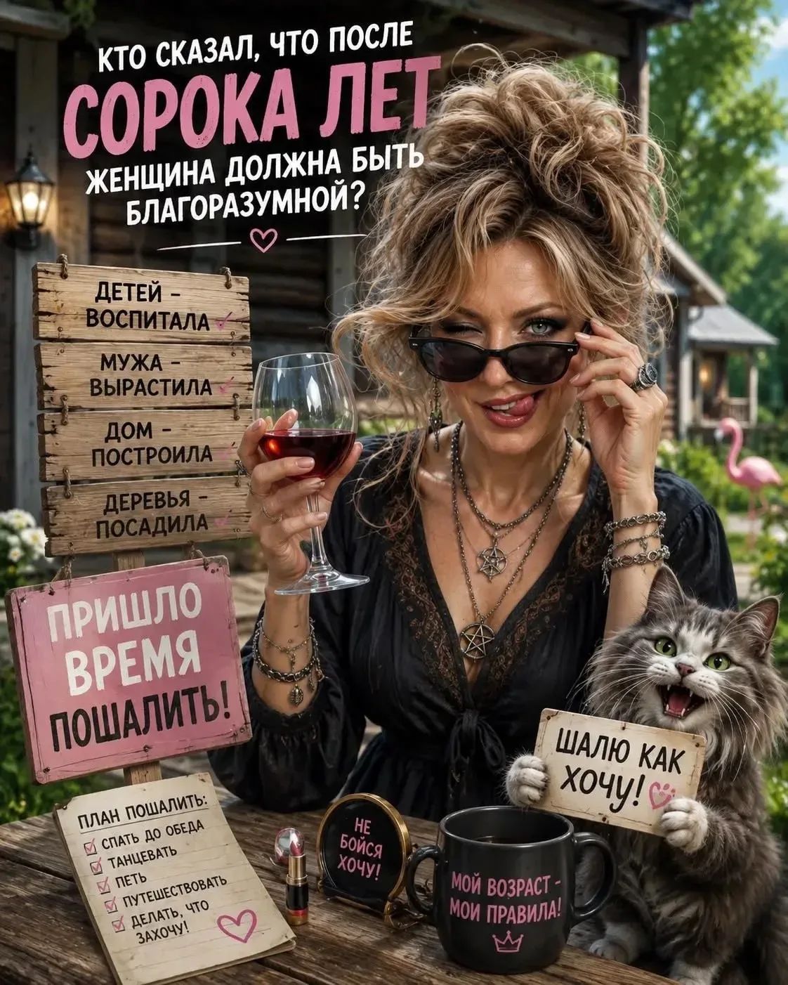Кто сказал, что после сорока лет женщина должна быть благоразумной? Детей - воспитала, мужа - вырастила, дом - построила, деревья - посадила. Пришло время пошалить! План пошалить: спать до обеда, танцевать, петь, путешествовать, делать, что захочу! Не бойся хочу! Мой возраст - мои правила! Шалю как хочу!