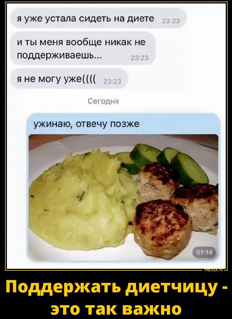 я уже устала сидеть на диете и ты меня вообще никак не поддерживаешь... я не могу уже(((( Сегодня ужинаю, отвечу позже [Фото ужина: пюре и котлеты] Поддержать диетчицу - это так важно