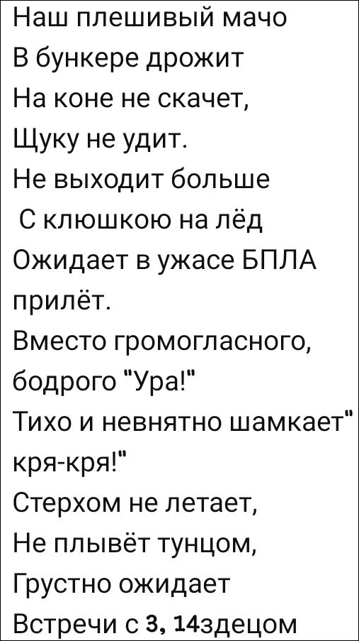 Наш плешивый мачо В бункере дрожит На коне не скачет, Щуку не удит. Не выходит больше С клюшкою на лёд Ожидает в ужасе БПЛА прилёт. Вместо громогласного, бодрого 