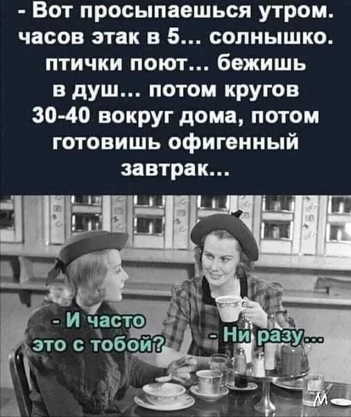 Вот просыпаешься утром. часов этак в 5... солнышко. птички поют... бежишь в душ... потом кругов 30-40 вокруг дома, потом готовишь офигенный завтрак... И часто это с тобой? Ни разу...