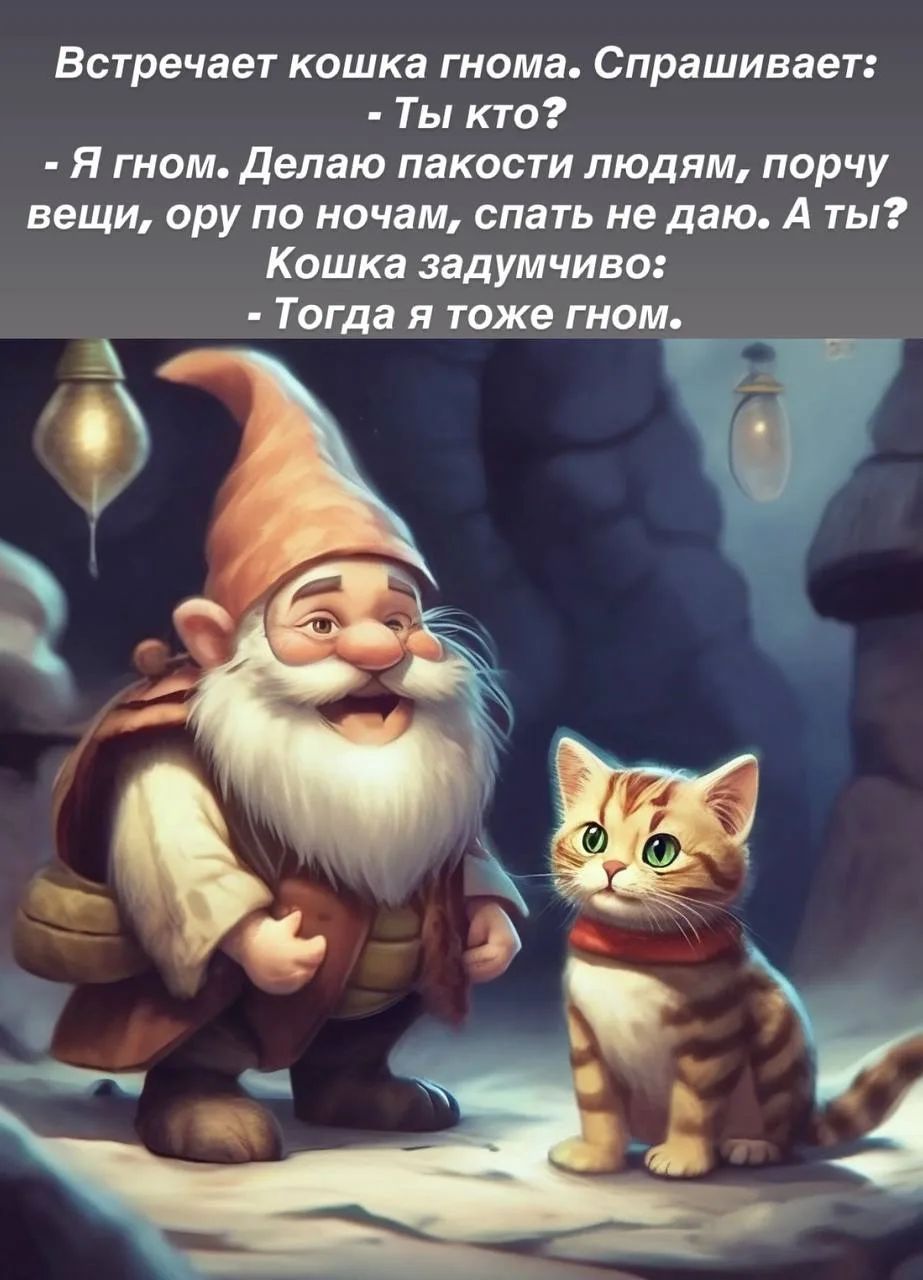 Встречает кошка гнома. Спрашивает: - Ты кто? - Я гном. Делаю пакости людям, порчу вещи, ору по ночам, спать не даю. А ты? Кошка задумчиво: - Тогда я тоже гном.
