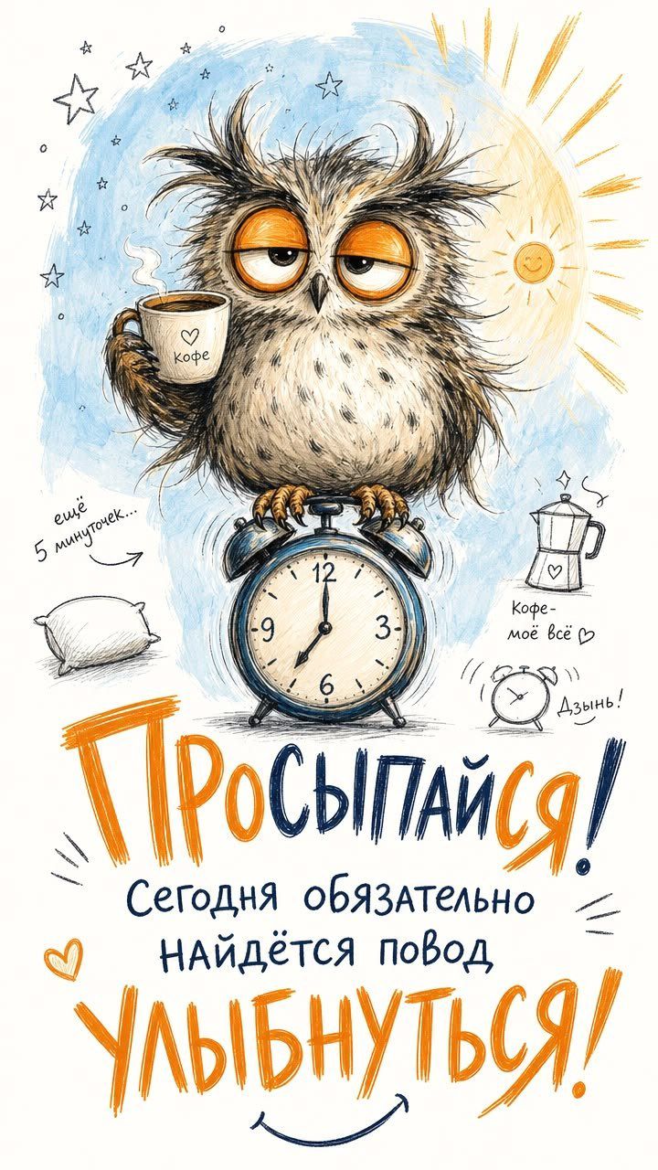 Ещё 5 минуточек... Кофе — моё всё! Дзынь! Просыпайся! Сегодня обязательно найдётся повод улыбнуться!