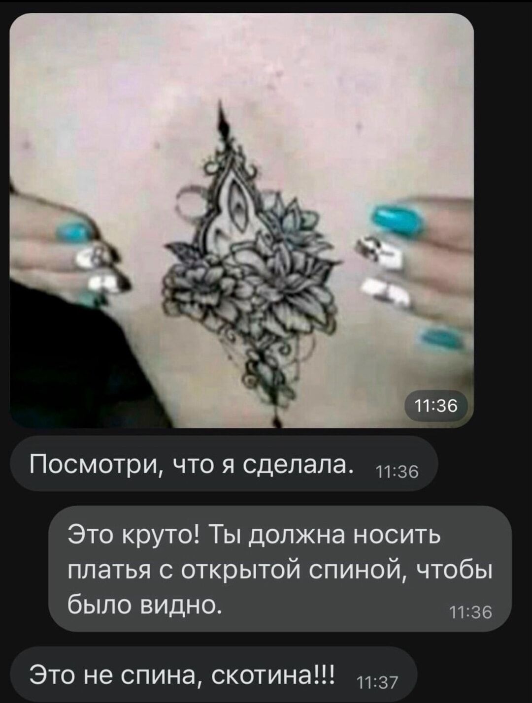 Посмотри, что я сделала. Это круто! Ты должна носить платья с открытой спиной, чтобы было видно. Это не спина, скотина!!!