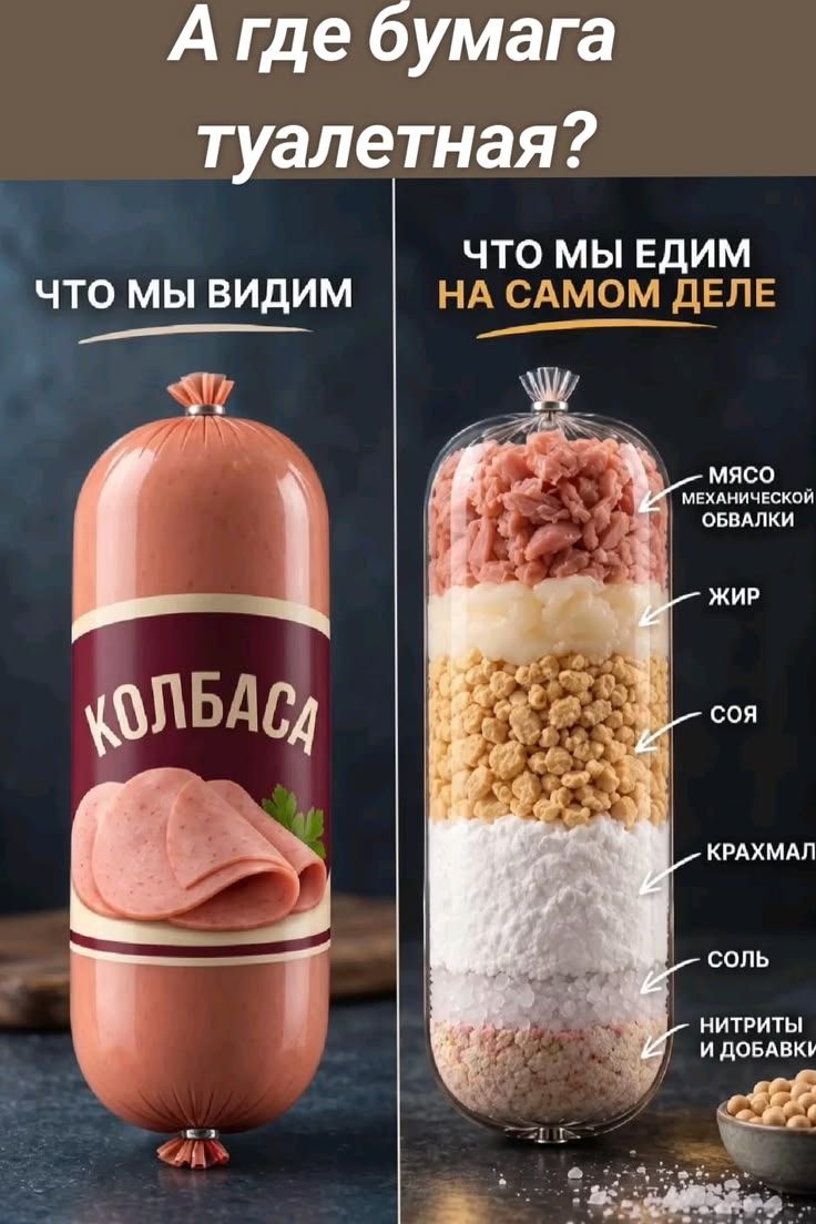 А где бумага туалетная? ЧТО МЫ ВИДИМ КОЛБАСА ЧТО МЫ ЕДИМ НА САМОМ ДЕЛЕ мясо механической обвалки жир соя крахмал соль нитриты и добавки