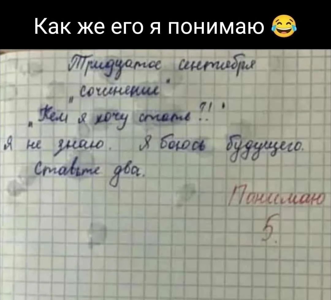 Как же его я понимаю 😂 Тридцатое сентября Сочинение Кем я хочу стать?! Я не знаю. Я боюсь будущего. Ставьте два. Понимаю 5.
