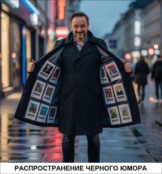 РАСПРОСТРАНЕНИЕ ЧЕРНОГО ЮМОРА. Мужчина в плаще показывает мемы, прикрепленные к подкладке, улыбается.