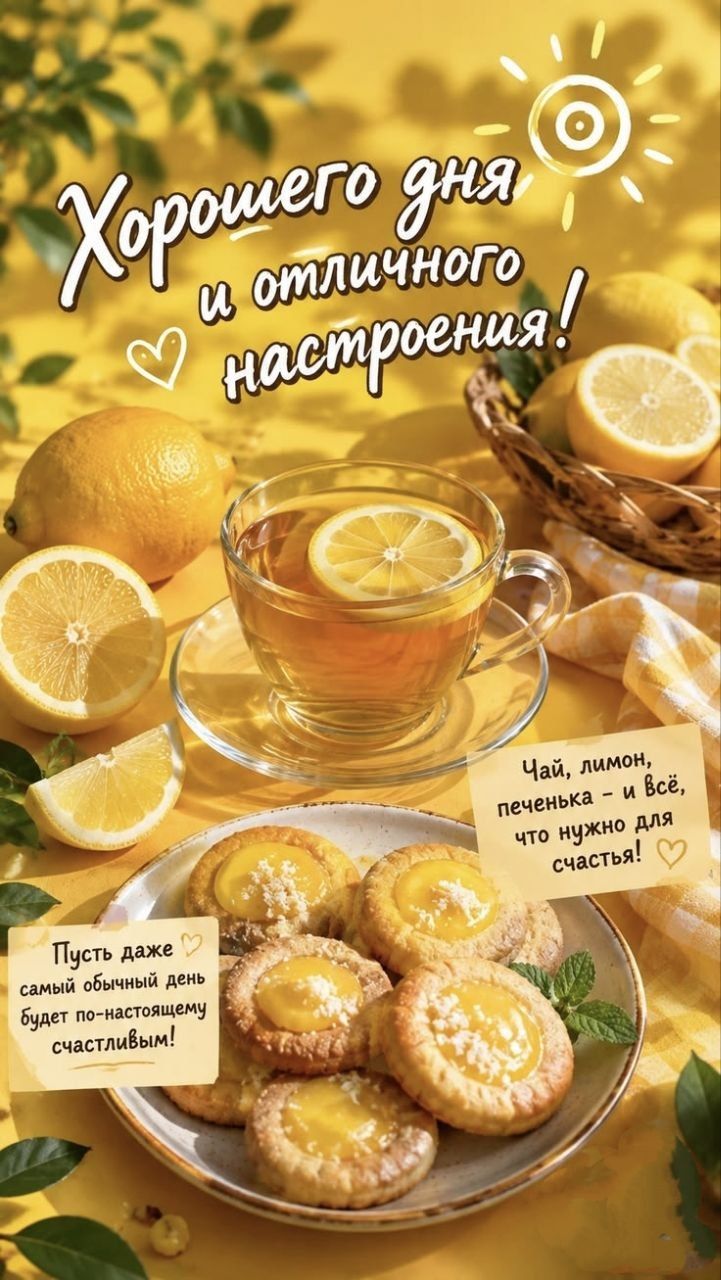 Хорошего дня и отличного настроения! Чай, лимон, печенька — и всё, что нужно для счастья! Пусть даже самый обычный день будет по-настоящему счастливым!