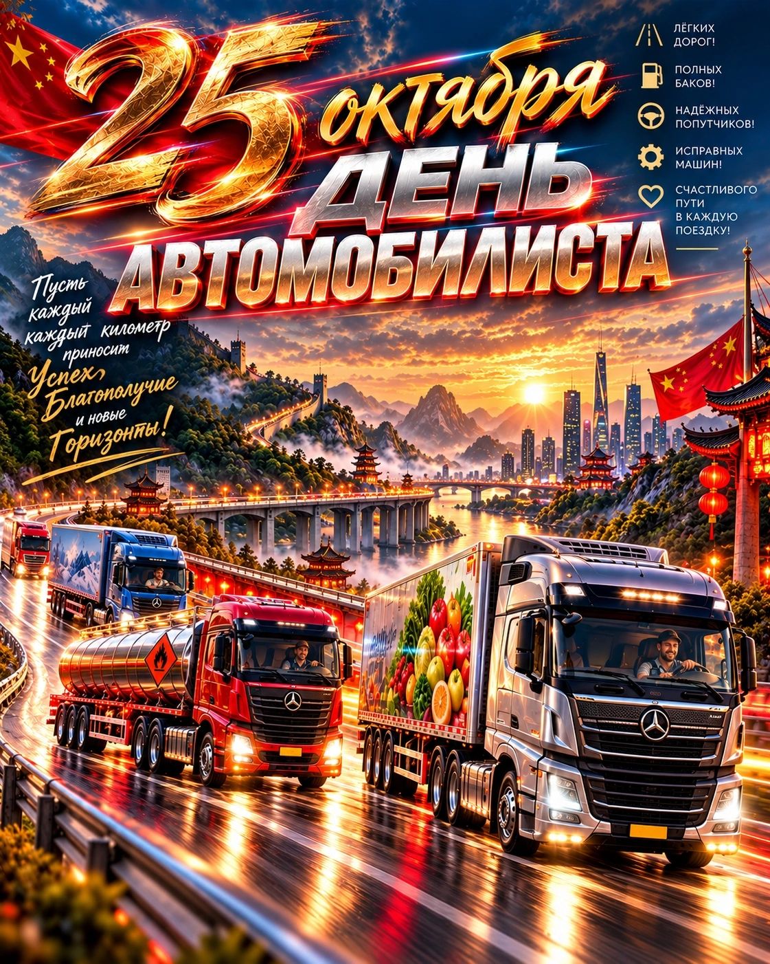 25 октября День автомобилиста. Пусть каждый каждый километр приносит успех, благополучие и новые горизонты! Лёгких дорог! Полных баков! Надёжных попутчиков! Исправных машин! Счастливого пути в каждую поездку!