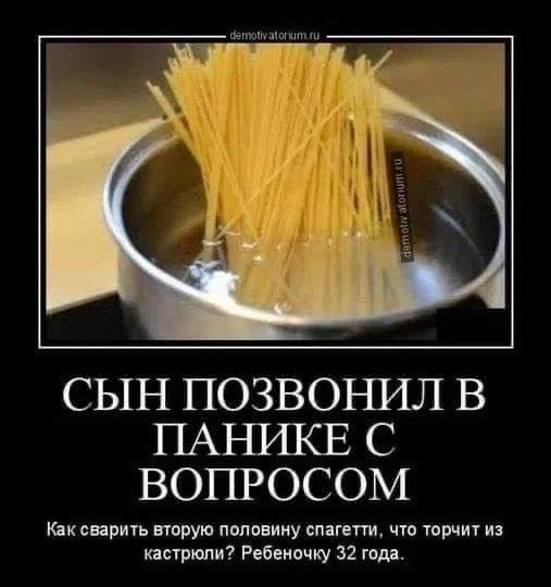 СЫН ПОЗВОНИЛ В ПАНИКЕ С ВОПРОСОМ Как сварить вторую половину спагетти, что торчит из кастрюли? Ребеночку 32 года.