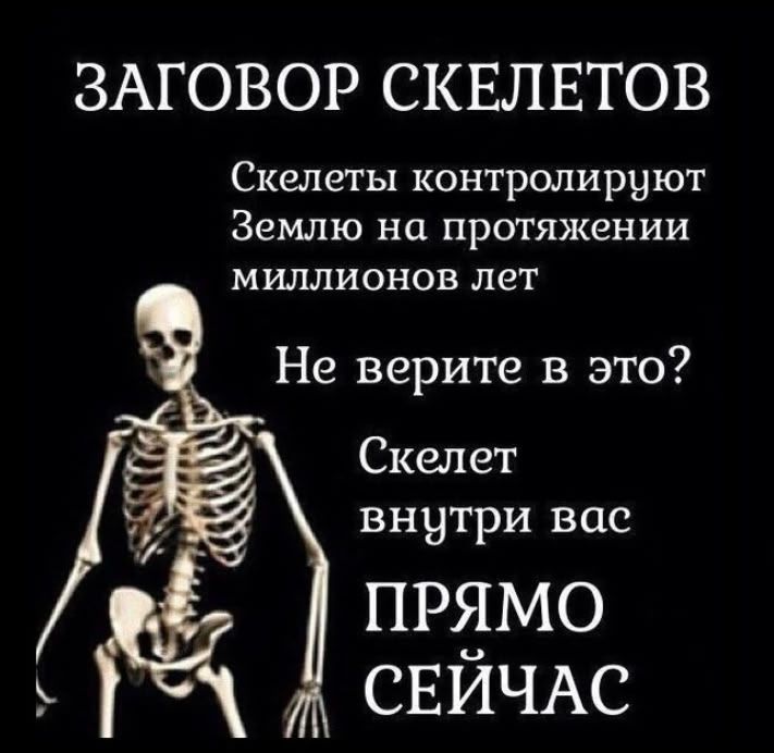 ЗАГОВОР СКЕЛЕТОВ Скелеты контролируют Землю на протяжении миллионов лет Не верите в это? Скелет внутри вас ПРЯМО СЕЙЧАС