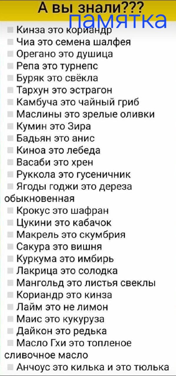 А вы знали??? памятка Кинза это кориандр Чиа это семена шалфея Орегано это душица Репа это турнепс Буряк это свёкла Тархун это эстрагон Камбуча это чайный гриб Маслины это зрелые оливки Кумин это Зира Бадьян это анис Киноа это лебеда Васаби это хрен Руккола это гусеничник Ягоды годжи это дереза обыкновенная Крокус это шафран Цуккини это кабачок