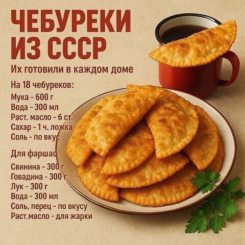 ЧЕБУРЕКИ ИЗ СССР Их готовили в каждом доме На 18 чебуреков: Мука - 600 г Вода - 300 мл Раст. масло - 6 ст. Сахар - 1 ч. ложка Соль - по вкус Для фарша: Свинина - 300 г Говядина - 300 г Лук - 300 г Вода - 300 мл Соль, перец - по вкусу Раст. масло - для жарки