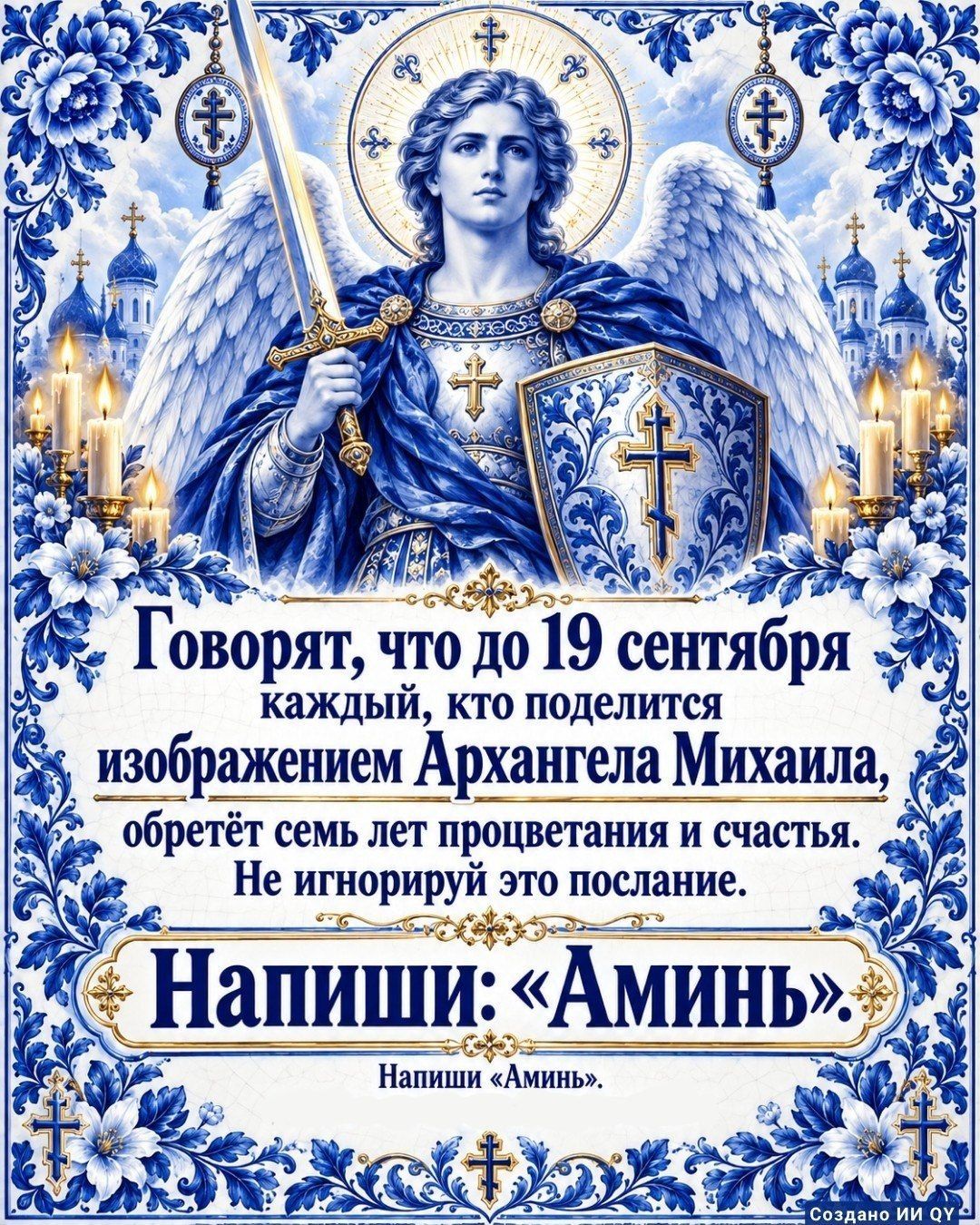 Говорят, что до 19 сентября каждый, кто поделится изображением Архангела Михаила, обретёт семь лет процветания и счастья. Не игнорируй это послание. Напиши: «Аминь». Напиши «Аминь». Создано ИИ QY