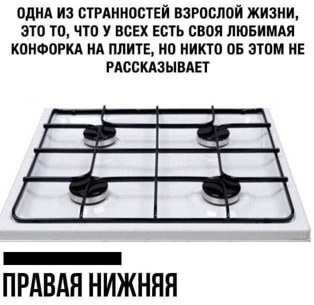 ОДНА ИЗ СТРАННОСТЕЙ ВЗРОСЛОЙ ЖИЗНИ, ЭТО ТО, ЧТО У ВСЕХ ЕСТЬ СВОЯ ЛЮБИМАЯ КОНФОРКА НА ПЛИТЕ, НО НИКТО ОБ ЭТОМ НЕ РАССКАЗЫВАЕТ ПРАВАЯ НИЖНЯЯ