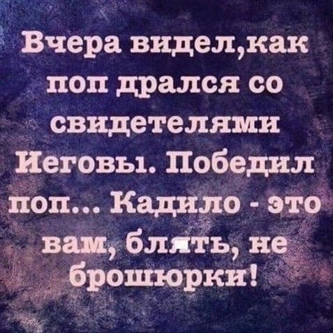 Вчера видел, как поп дрался со свидетелями Иеговы. Победил поп... Кадило - это вам, блядь, не брошюрки!