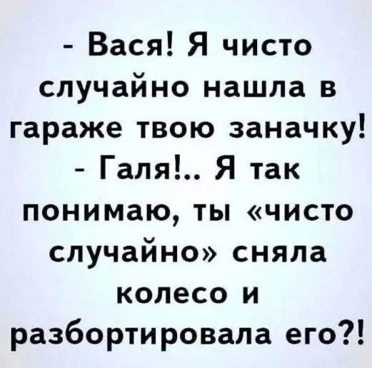 Вася! Я чисто случайно нашла в гараже твою заначку! Галя!.. Я так понимаю, ты «чисто случайно» сняла колесо и разбортировала его?!