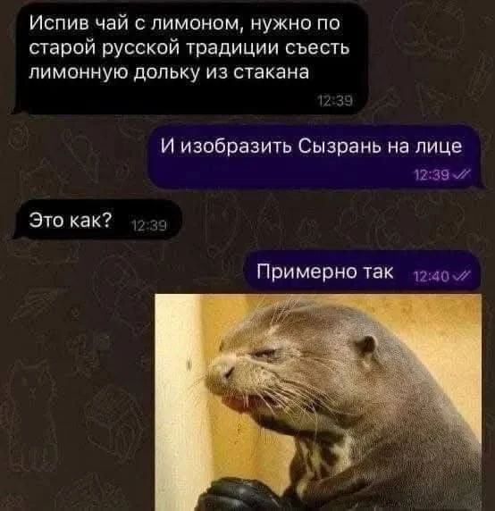 Испив чай с лимоном, нужно по старой русской традиции съесть лимонную дольку из стакана
И изобразить Сызрань на лице
Это как?
Примерно так